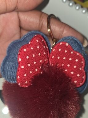 NEW...Polka Dot Floral Pom Keychain - Red, Blue, Burgundy